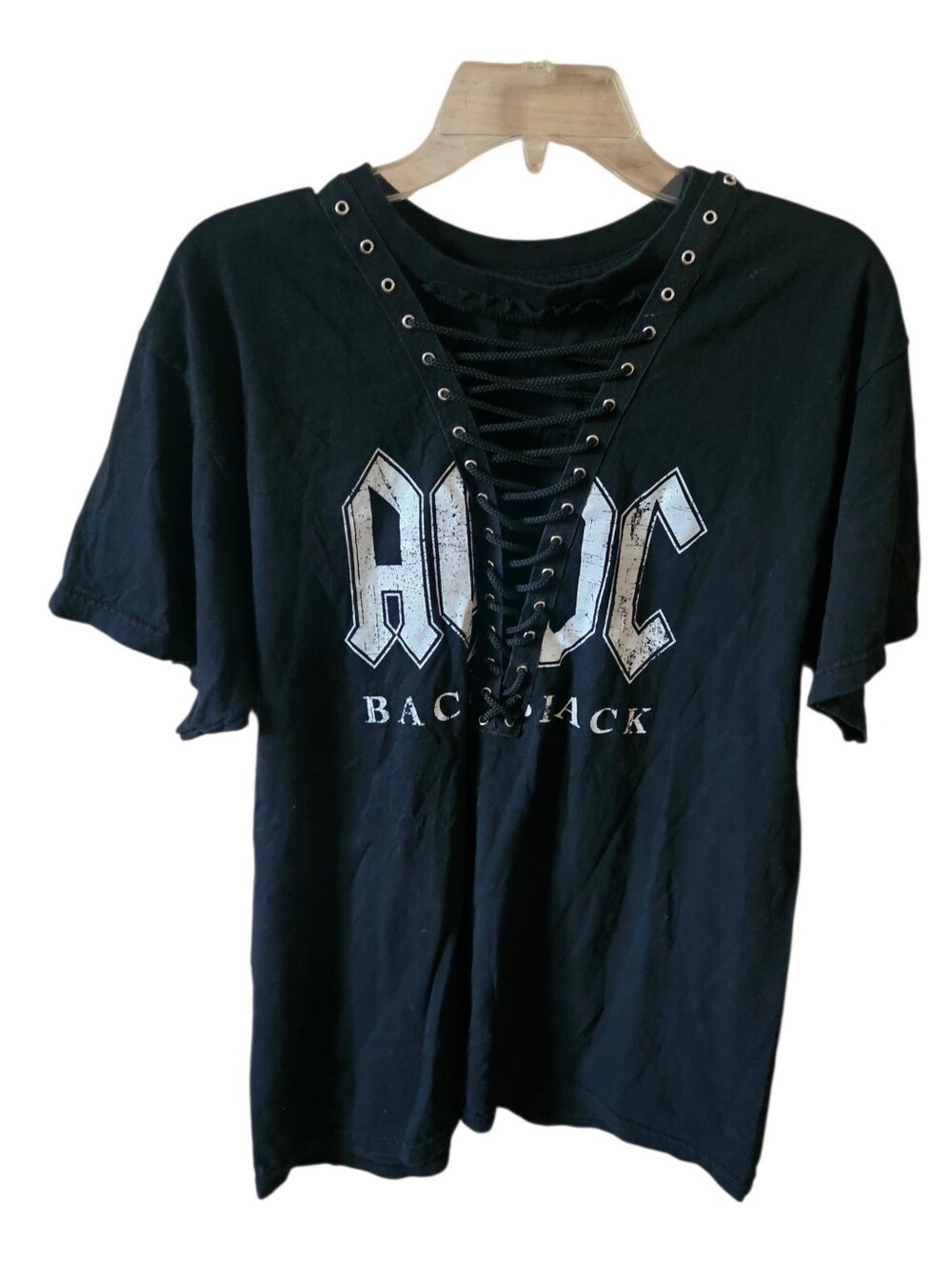 AC/DC "Back in Black" Lace-up Front Graphic T-Shirt Women L